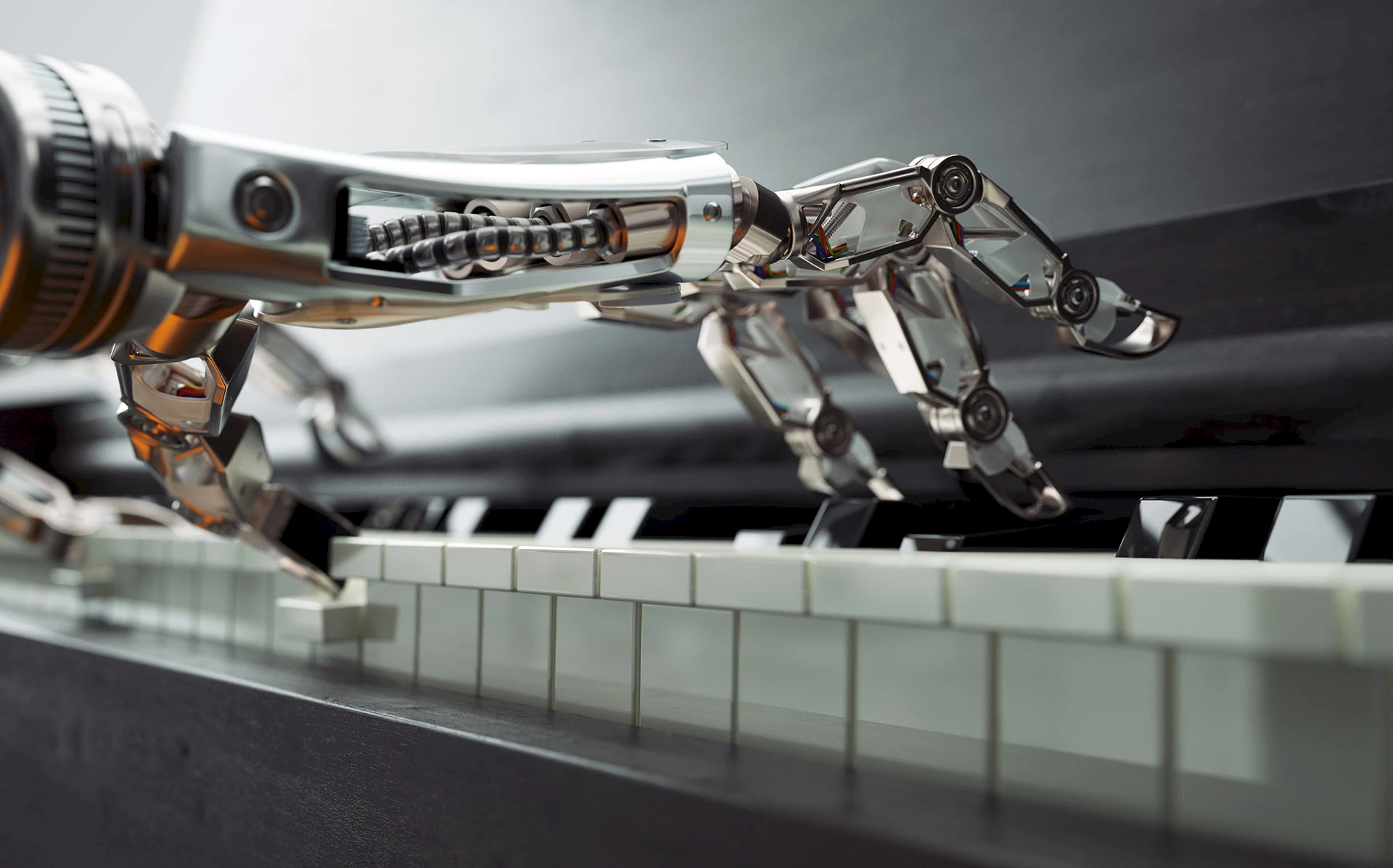 Robot hands playing piano.