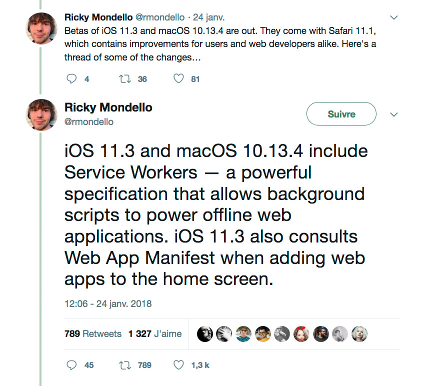 iOS 11.3 and macOS 10.13.4 include Service Workers — a powerful specification that allows background scripts to power offline web applications. iOS 11.3 also consults Web App Manifest when adding web apps to the home screen.