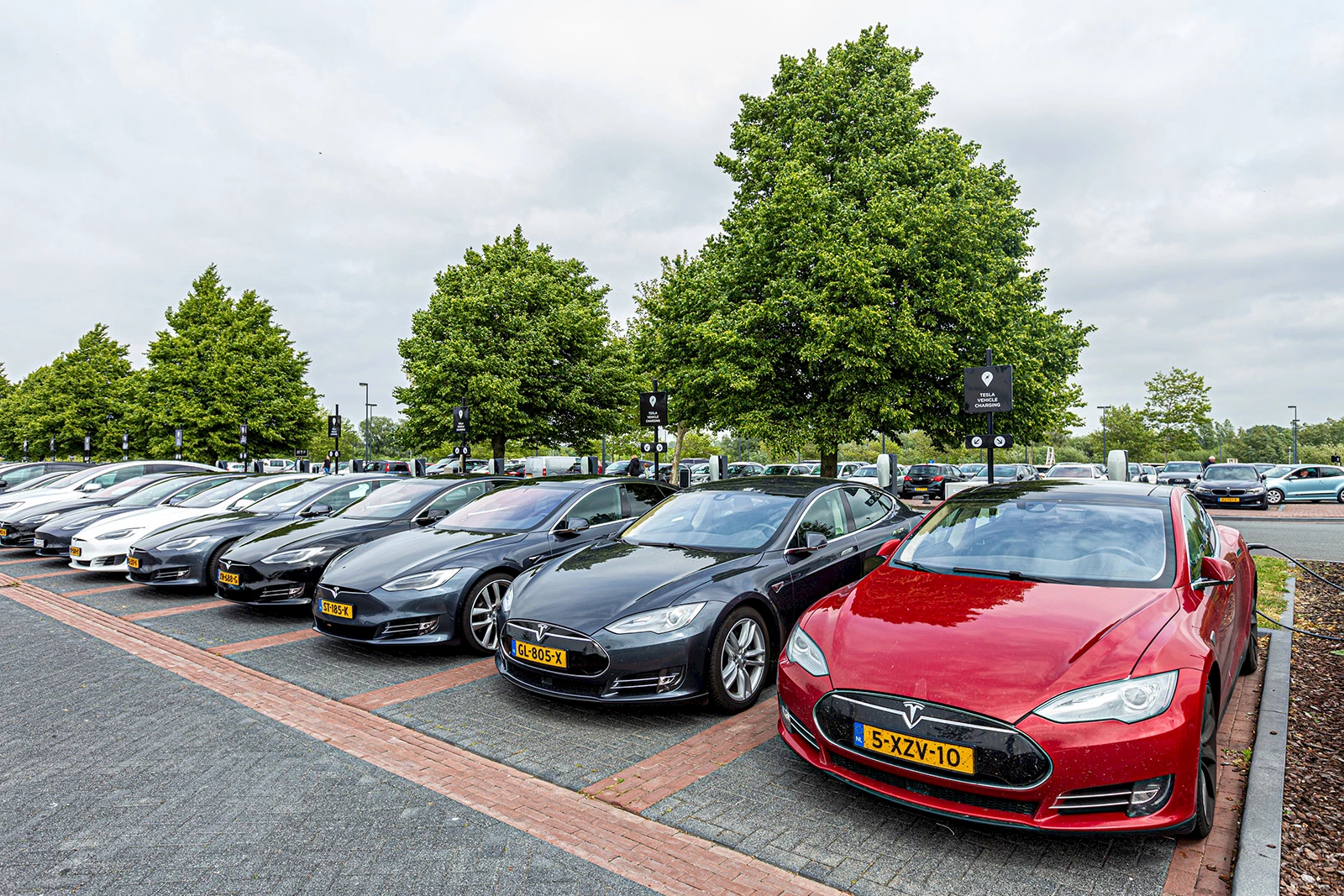 Tesla cars on a parking lot in Lelystad, Netherlands.