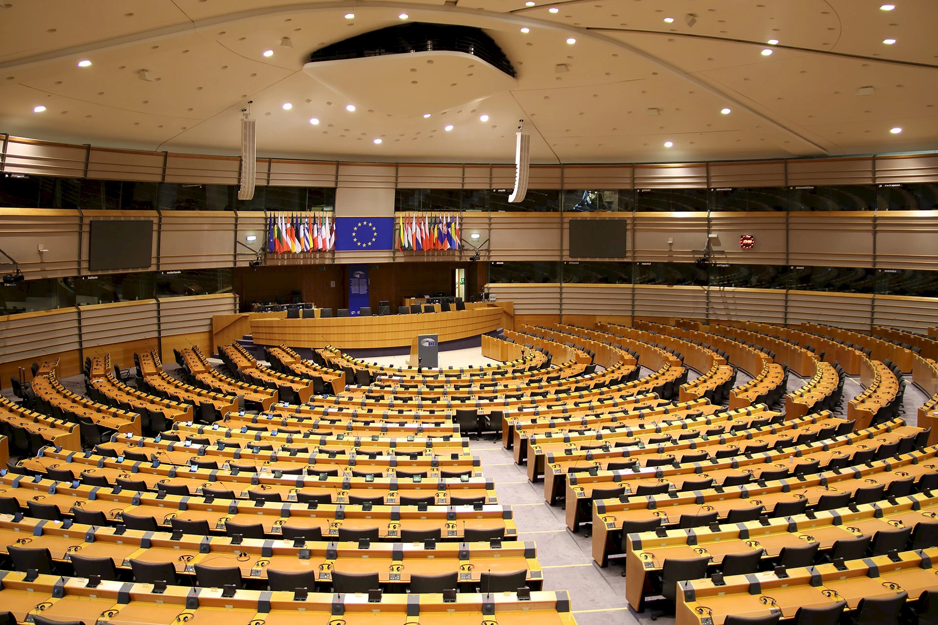 Parliamentary hemicycle at the European Union in Brussels.